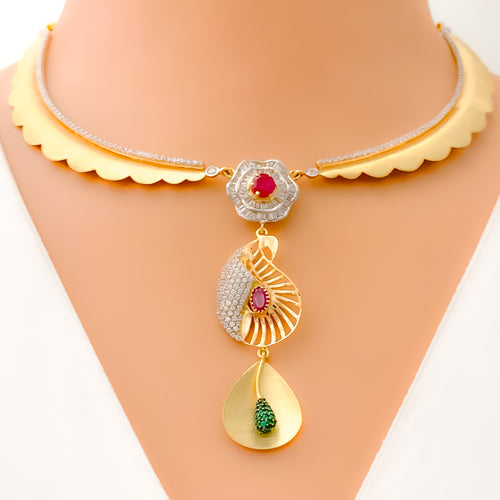 Unique Striped Paisley 18k Gold CZ Necklace Set 