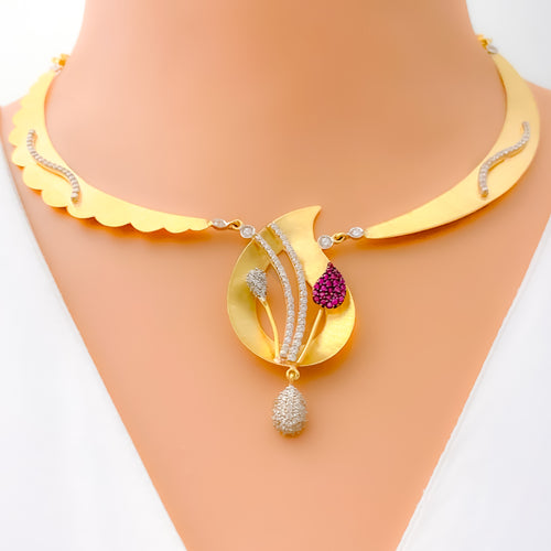Opulent Paisley Adorned 18k Gold CZ Necklace Set