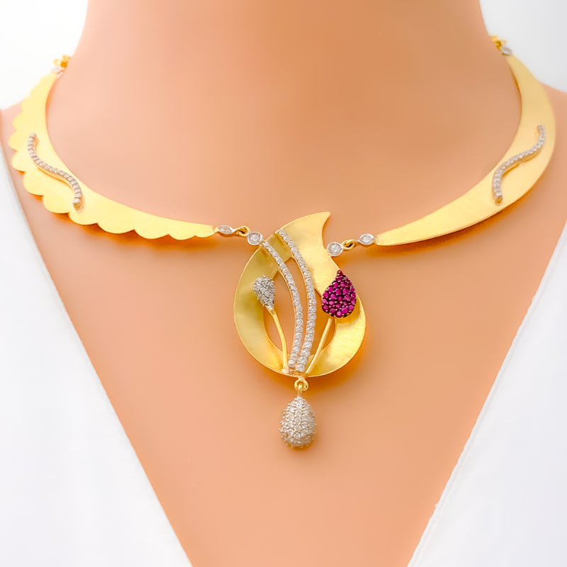 Opulent Paisley Adorned 18k Gold CZ Necklace Set