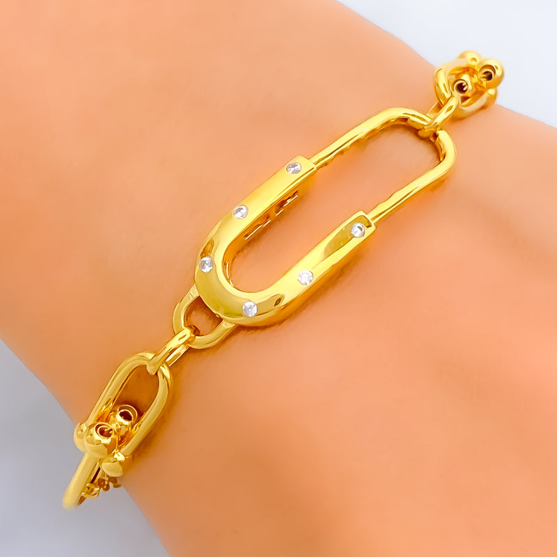 Unique Interlinked Paperclip 21k Gold CZ Bracelet