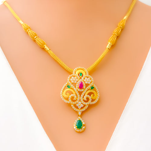 Glamorous Floral Vine 22k Gold CZ Necklace Set 