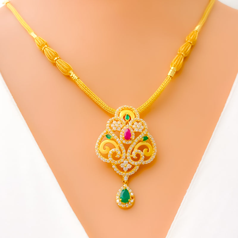 Glamorous Floral Vine 22k Gold CZ Necklace Set 