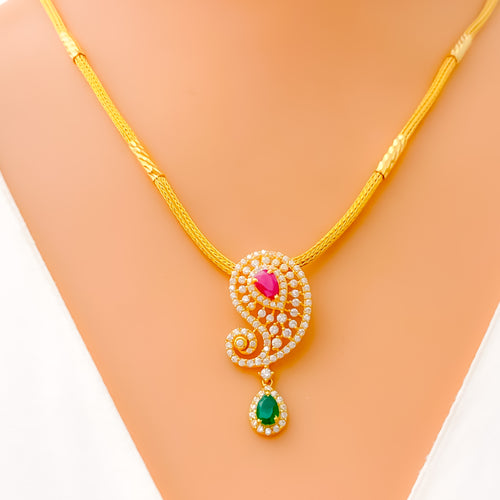 Captivating Ornamental Paisley 22k Gold CZ Necklace Set 