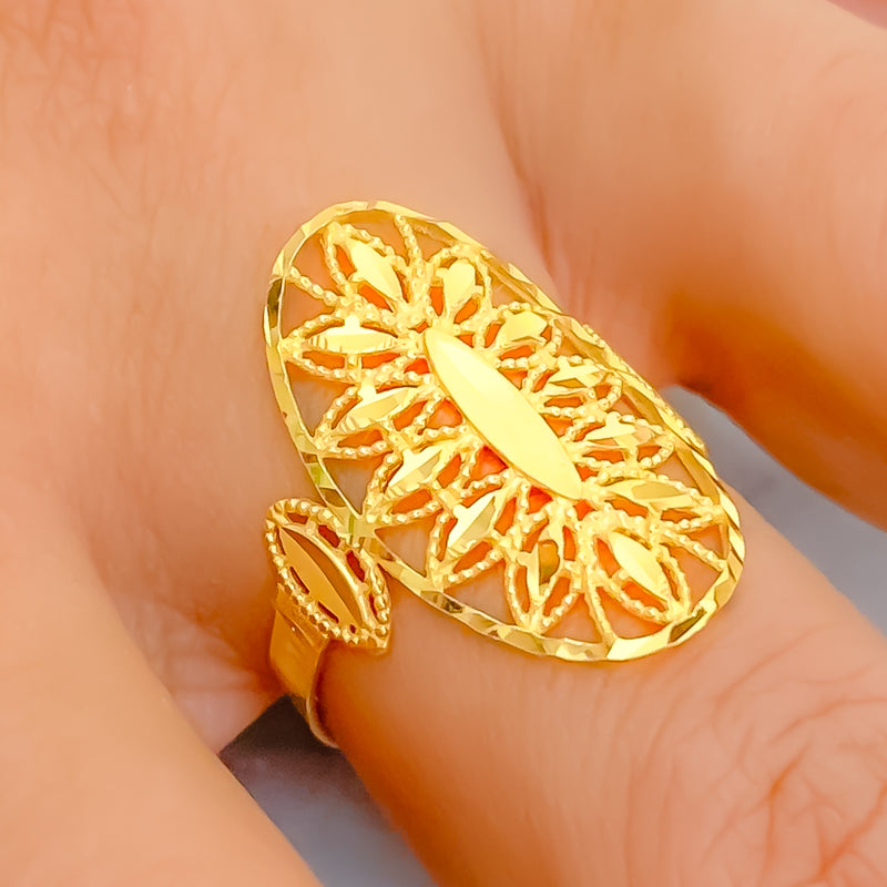 Sleek Lined 21k Gold Leaf Ring 