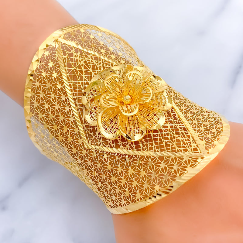 Captivating Regal 3D Flower 21K Gold Bangle Bracelet