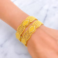 Checkered Leaf Adorned 22k Gold Bangle Pair 