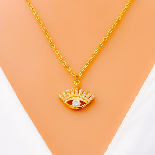 Unique Evil Eye 21k Gold CZ Necklace