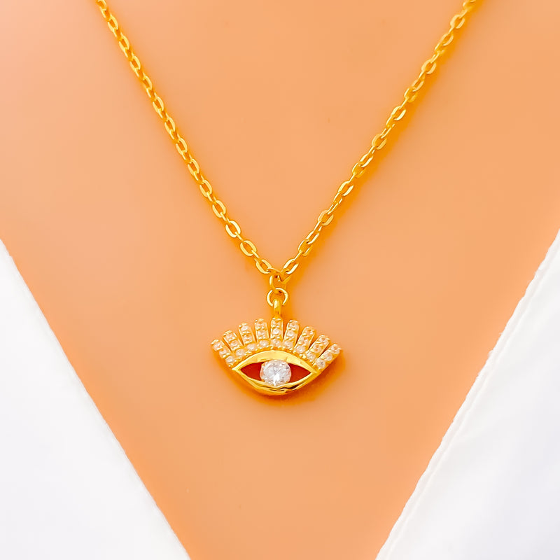 Unique Evil Eye 21k Gold CZ Necklace