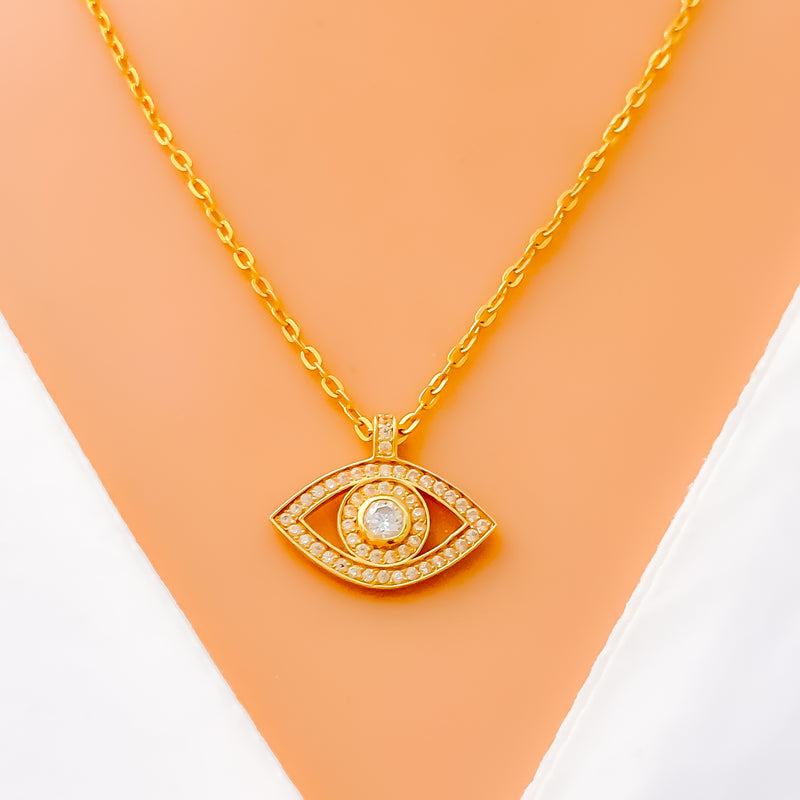 Extravagant Evil Eye 21k Gold CZ Necklace 
