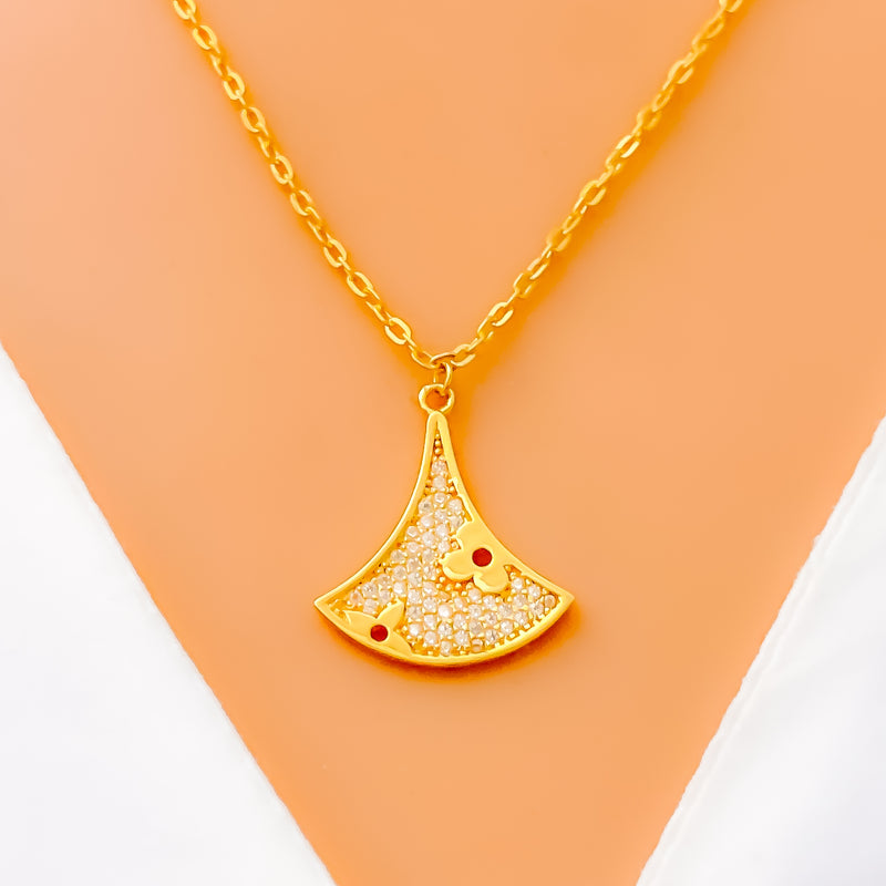 Graceful Floral Fanned 21k Gold CZ Necklace 