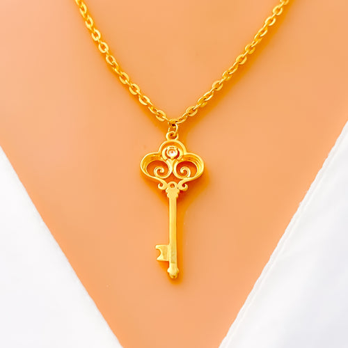 Decorative Key Shaped 21k Gold CZ Necklace 