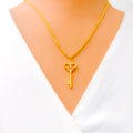 Decorative Key Shaped 21k Gold CZ Necklace 