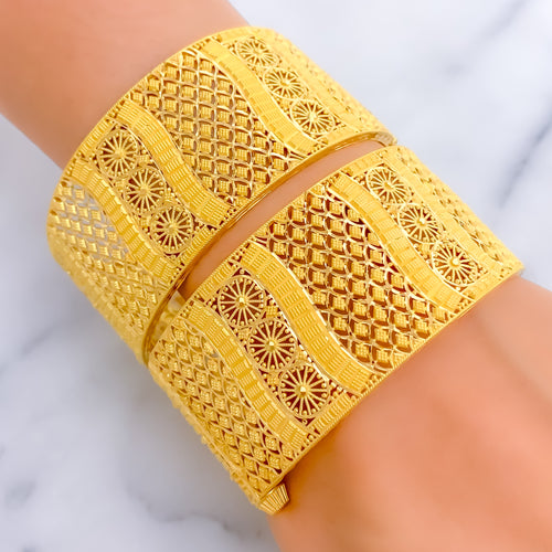 Unique Embellished Floral 22k Gold Bangle Pair 