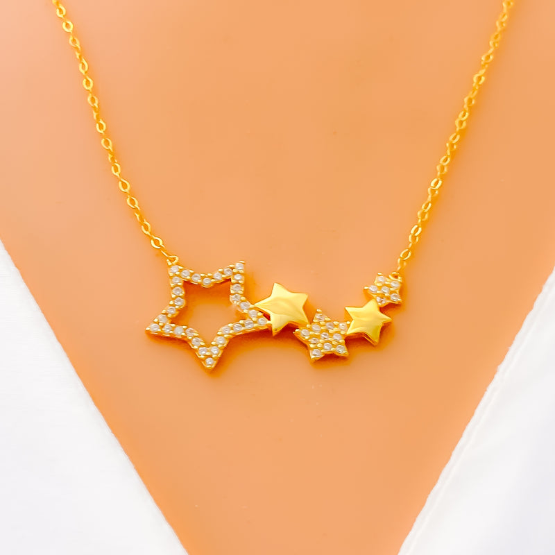 Asymmetrical Star Adorned 21k Gold CZ Necklace 