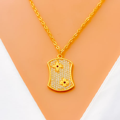 Modern Shiny Floral 21k Gold CZ Necklace 