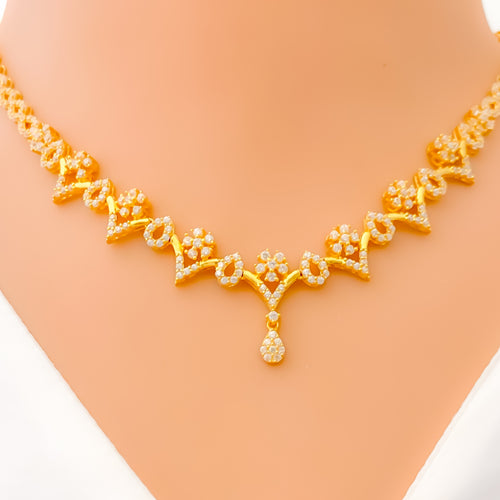 Dainty Delicate Floral Drop 22k Gold CZ Necklace Set 