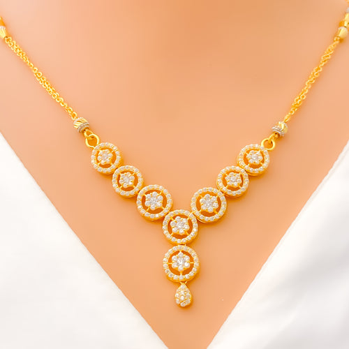 Bold Geometric Halo Flower 22k Gold CZ Necklace Set 