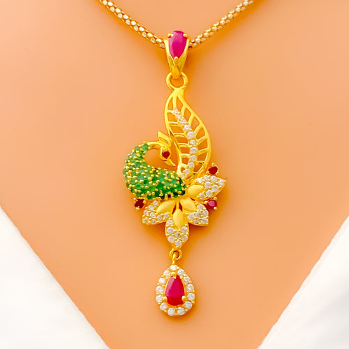 Decorative Leaf Accented 22k Gold CZ Pendant Set 