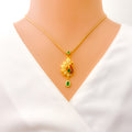 Opulent Floral Peacock 22k Gold CZ Pendant Set 