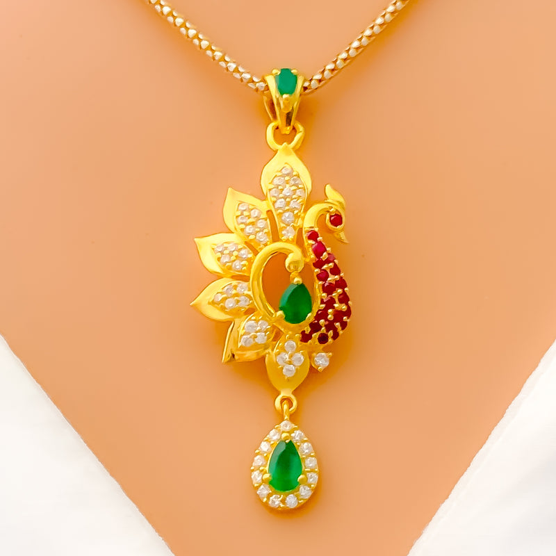 Opulent Floral Peacock 22k Gold CZ Pendant Set 