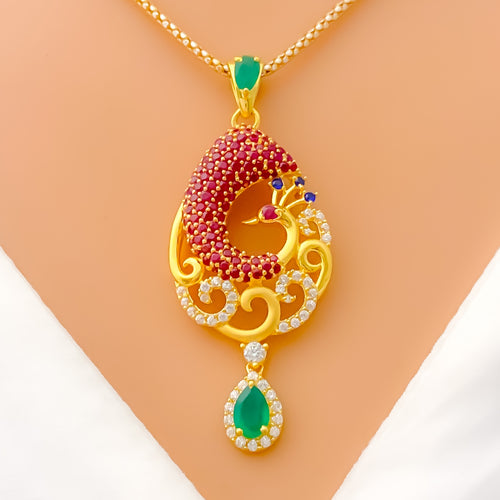 Delightful Peacock Drop 22k Gold CZ Pendant Set 