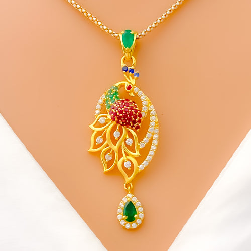 Detailed Delicate Peacock 22k Gold CZ Pendant Set 