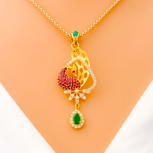 Majestic Modern 22k Gold CZ Peacock Pendant Set