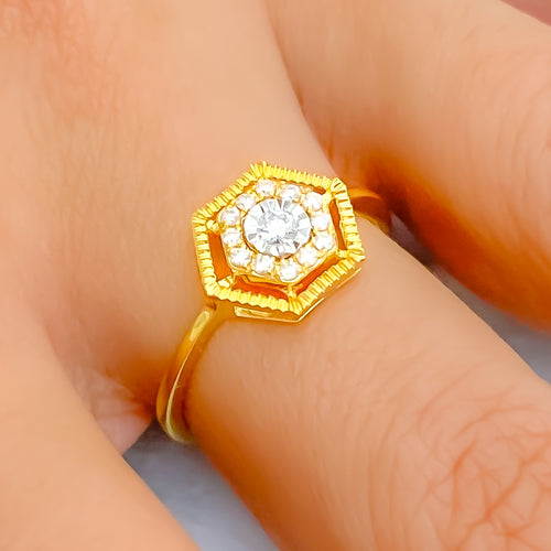 Impressive Hexagonal 18K Gold + Diamond Ring 