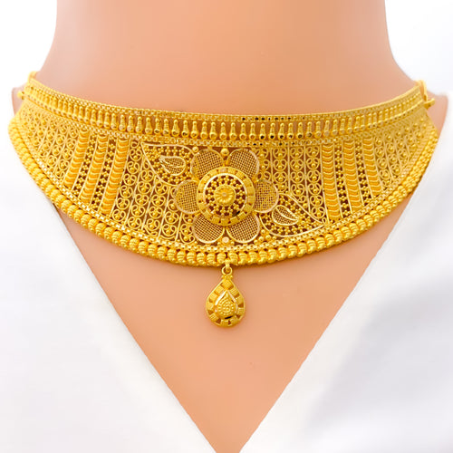 Decadent Floral 22K Gold Choker Necklace Set 