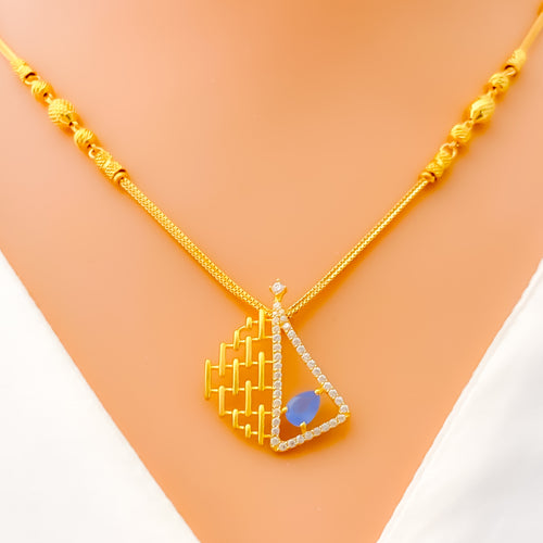 Contemporary Triangular 22k Gold CZ Necklace Set 