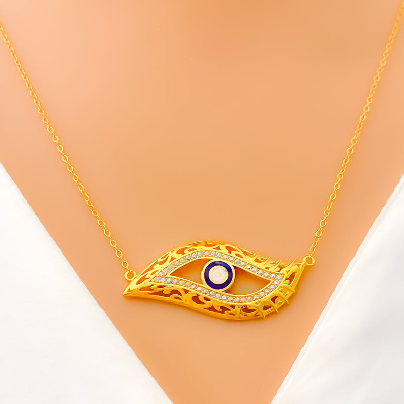 Elegant Evil Eye 21k Gold CZ Necklace 