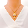 Dome Checkered Flower 22k Gold CZ Pearl Pendant Set 