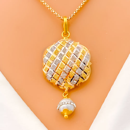 Dome Checkered Flower 22k Gold CZ Pearl Pendant Set 