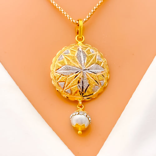 Radiant Floral 22k Gold CZ Pearl Pendant Set 
