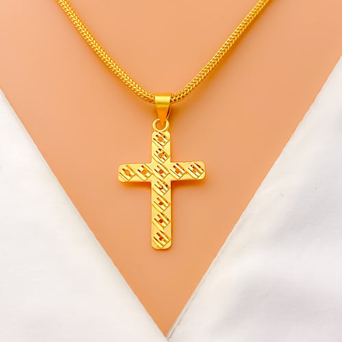 Bright Faceted Square 22k Gold Cross Pendant 