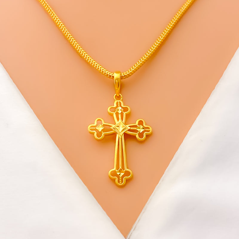 Fancy Flower Accented 22k Gold Cross Pendant 