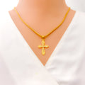 Evergreen Chevron Accented 22k Gold Cross Pendant 