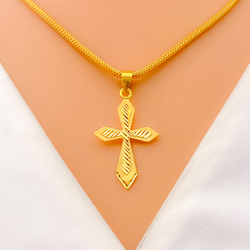 Evergreen Chevron Accented 22k Gold Cross Pendant 