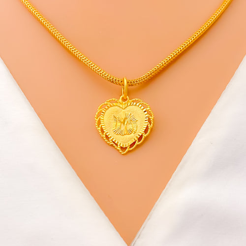 Embellished Leaf Accented 22k Gold Heart Allah Pendant 