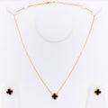 Dainty Delicate Black Onyx 21k Gold Clover Necklace Set 