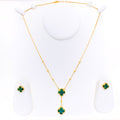 Ornate Dangling 21k Gold Malachite Clover Necklace Set 