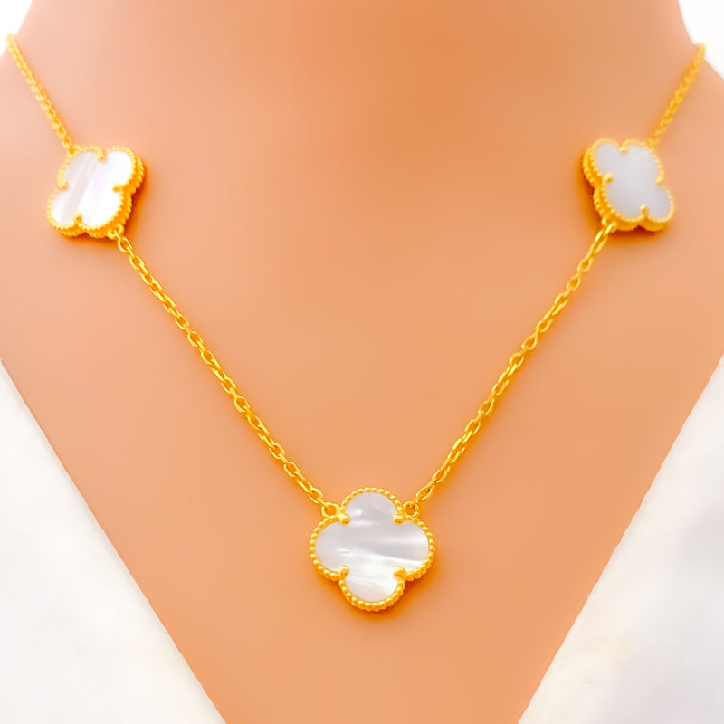 Delicate Pearlescent 21k Gold Clover Necklace 