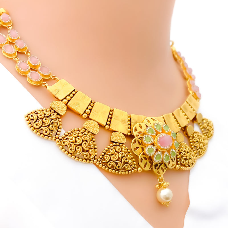 Palatial Paisley Adorned 22k Gold Floral Necklace Set 