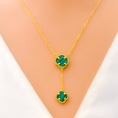 Modern Dangling 21k Gold Malachite Clover Necklace Set 