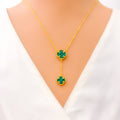 Modern Dangling 21k Gold Malachite Clover Necklace Set 