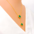 Modern Dangling 21k Gold Malachite Clover Necklace Set 