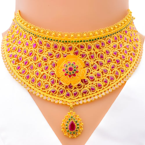 Vibrant Floral Kundan 22k Gold Choker Necklace 