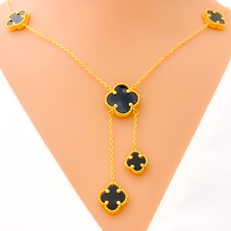 Trendy Black Onyx 21k Gold Clover Necklace Set 