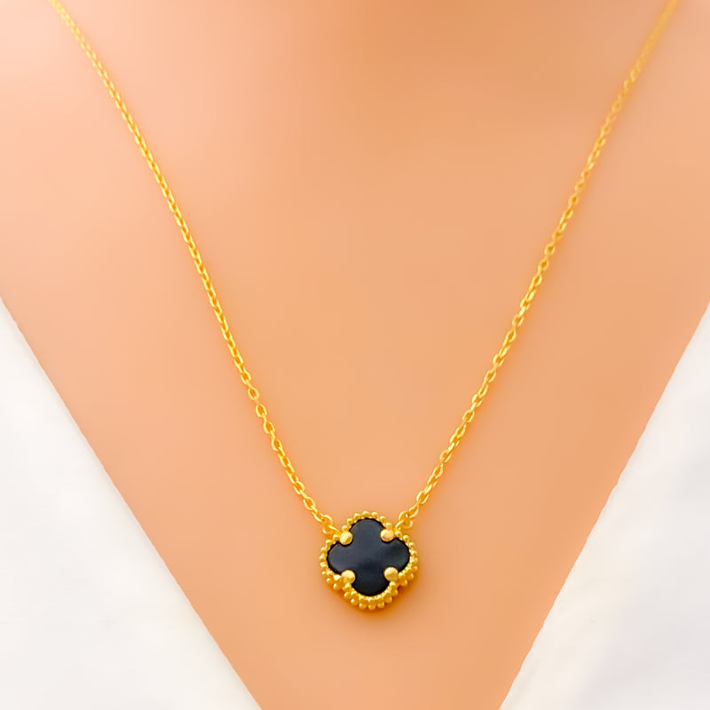 Dainty Delicate Black Onyx 21k Gold Clover Necklace Set 