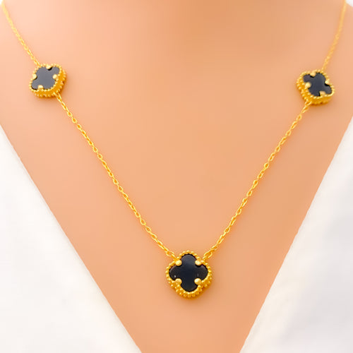 Mesmerizing Black Onyx 21k Gold Clover Necklace Set 